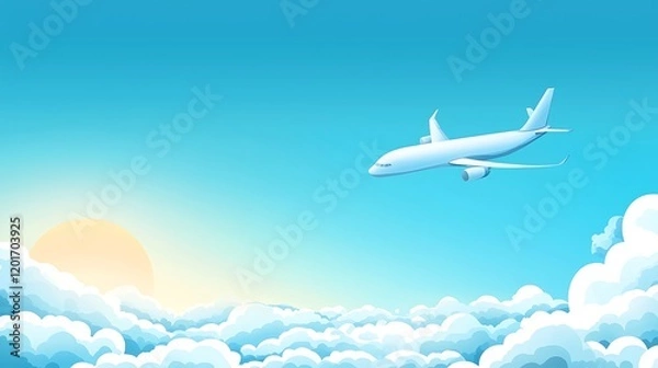 Fototapeta Airplane flying above the clouds with a clear blue sky