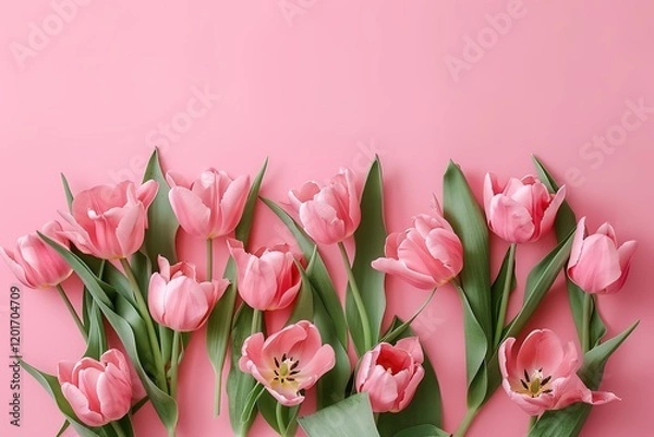 Fototapeta Bouquet of pink tulips flowers on pastel pink background. Elegant composition spring flowers. Happy Women's Day, Mother's Day, Valentine's Day, Easter, Birthday. Flat lay, top view, blank space