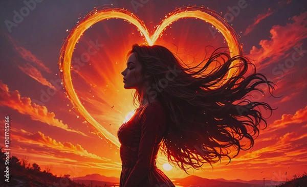Fototapeta A woman with long hair stands in front of a heart-shaped sun. The sun is surrounded by a glowing orange and red sky, creating a warm and romantic atmosphere. The woman's presence in the heart shape