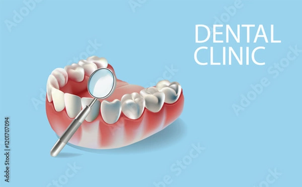 Fototapeta Tooth model and magnifying glass on a blue background, Vector illustration