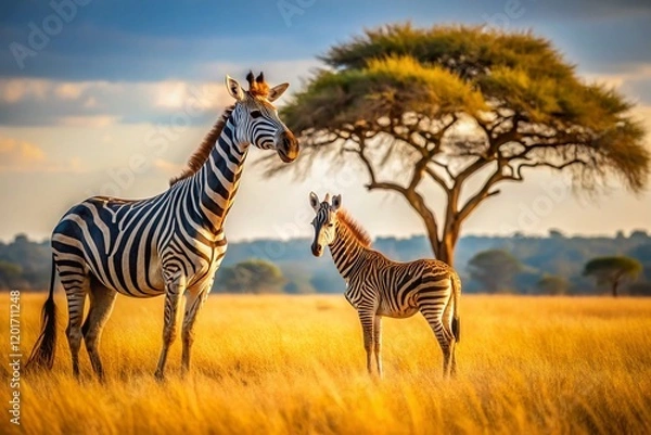 Obraz Zebra and Giraffe in African Savanna: Documentary Photography