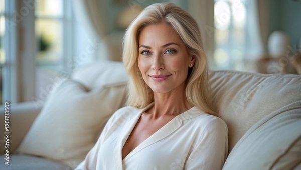 Fototapeta Confident and Elegant Blonde Woman in a Bright Modern Setting – Professional High-Resolution Portrait 
