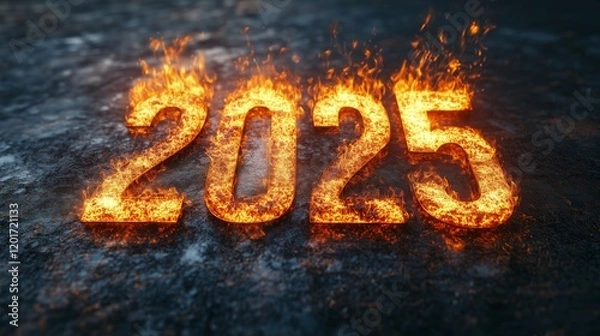 Fototapeta 2025 in flames on a textured surface, celebrating the arrival of the New Year with fiery energy and bold optimism for the future.