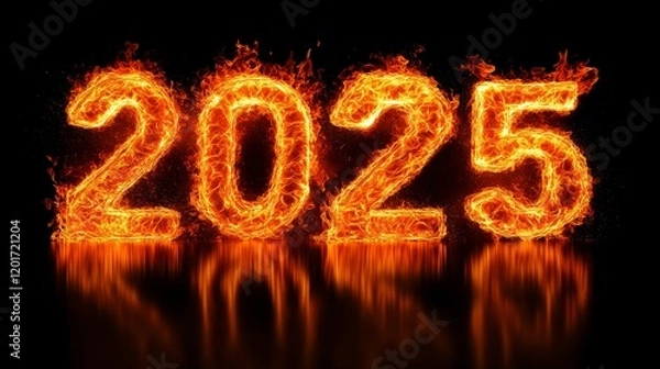Obraz Fiery 2025 text ablaze with glowing flames, reflecting on a dark surface, symbolizing energy, power, and the arrival of a dynamic new year.