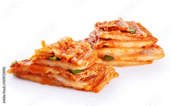 Fototapeta Korean traditional cabbage kimchi isolated on white background. Hot fermented napa cabbage. With clipping path.