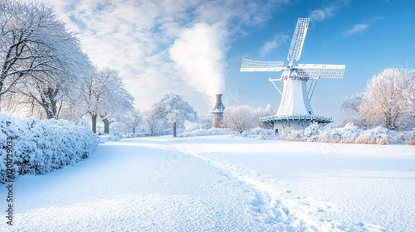 Fototapeta Snowy landscape with windmill and footprints in the snow