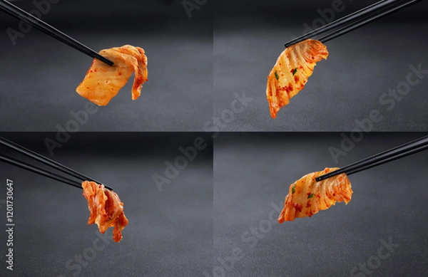 Fototapeta Chopsticks holding kimchi cabbage on dark background. Hot fermented napa cabbage. Collection.