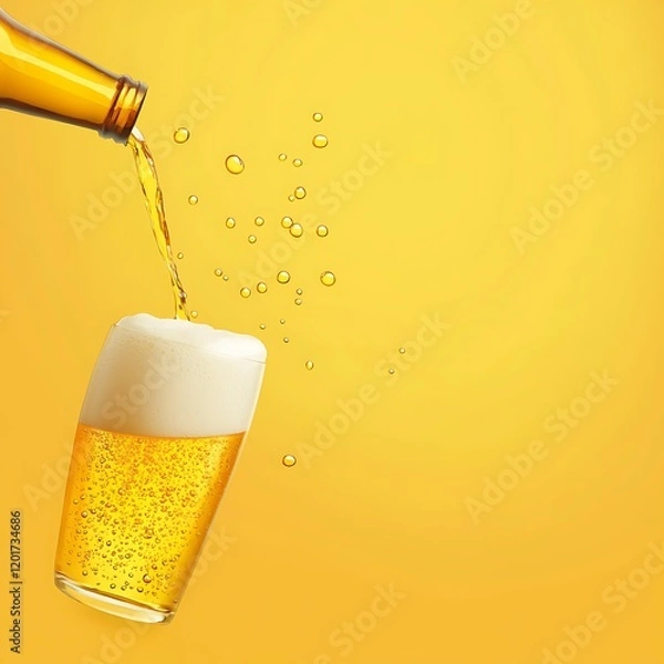 Fototapeta An illustration of beer being poured from a bottle into a glass, with emphasis on the golden color and bubbles