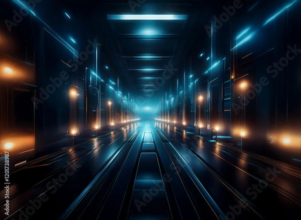 Fototapeta Abstract background of a futuristic corridor with bokeh lights.  The scene is dark, with vibrant blue and orange lights reflecting on a glossy surface.