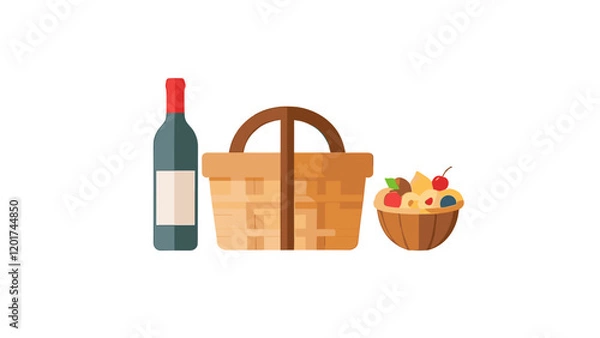 Fototapeta Gift baskets of Food in wood box, wicker, hamper. Holiday presents with snacks, confectionery. Flat vector illustration isolated on white background