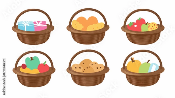 Fototapeta Gift baskets of Food in wood box, wicker, hamper. Holiday presents with snacks, confectionery. Flat vector illustration isolated on white background