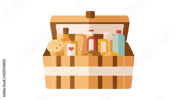 Fototapeta Gift baskets of Food in wood box, wicker, hamper. Holiday presents with snacks, confectionery. Flat vector illustration isolated on white background