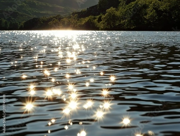 Obraz Sun sparkling on calm lake water at sunset, hills in background; nature scene for website or calendar
