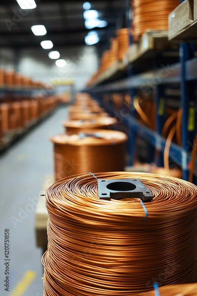 Obraz Copper wire coils in factory, copper wire process generated.AI