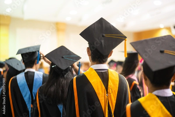 Fototapeta Students in Graduation Ceremony. Students wearing academic gowns and caps attend their graduation ceremony.