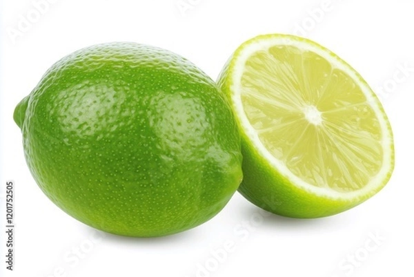 Fototapeta Fresh green lime showing whole fruit and cross section on white background