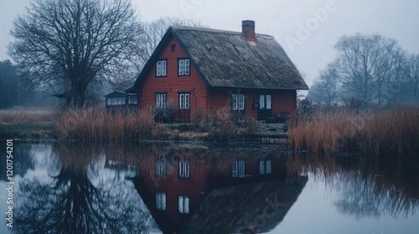 Fototapeta Red thatched house reflected in calm water.