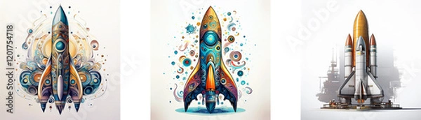 Fototapeta Three stylized rocket illustrations; one vibrant and ornate, another simpler, and a third realistic.  They evoke themes of space travel, innovation, and imagination.