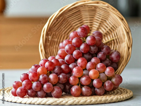 Fototapeta A cluster of ripe red grapes spilling onto a textured surface, creating a visually stunning composition.