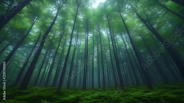 Fototapeta Sunlit Forest Path with Misty Atmosphere, Lush Green Canopy