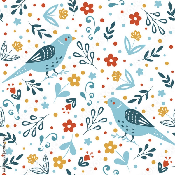 Fototapeta Сute birds with patterns, flowers and other elements on a white background. Birds seamless pattern