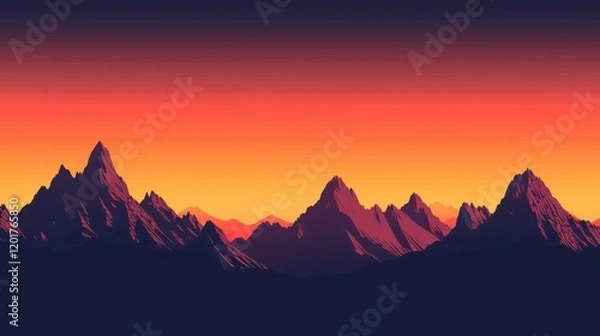 Fototapeta Silhouetted mountain range against a vibrant sunset. Ideal for desktop wallpaper, website backgrounds, or nature-themed projects.