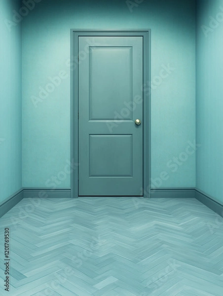 Fototapeta minimal interior with closed turquoise door and herringbone pattern floor in empty room with dramatic lighting