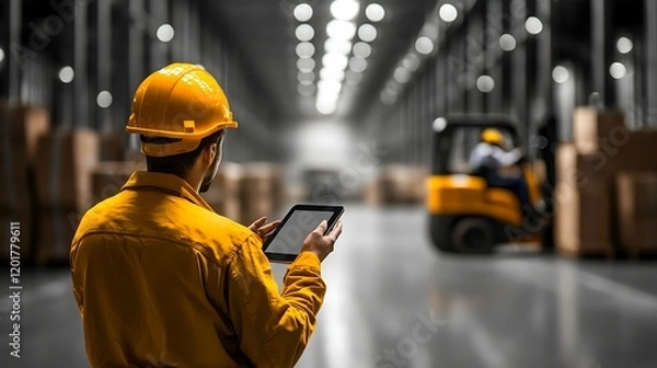 Obraz Worker using tablet in warehouse, forklift in background, logistics management