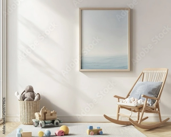 Fototapeta baby room with rocking chair and toys on the floor with wall art frame 