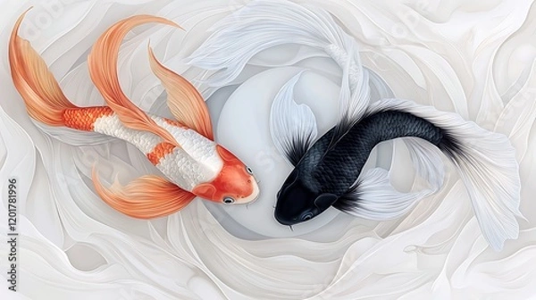 Fototapeta Yin and Yang Koi Fish Swim in Harmony; Abstract Background; Wall Art