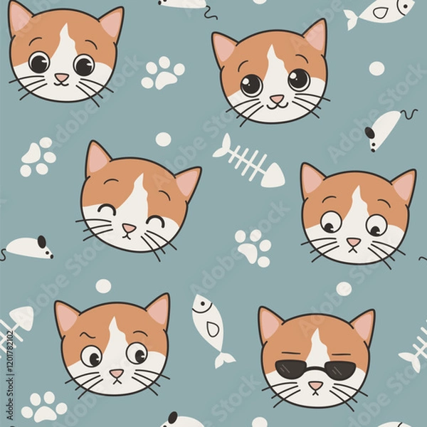 Fototapeta cute hand drawn cartoon character cat funny expressions seamless vector pattern illustration with paw print, fish and mouse toy on blue background