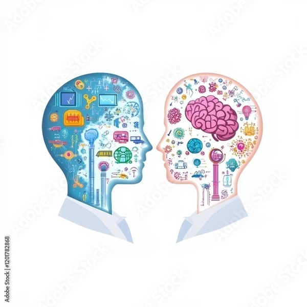 Obraz Illustration of two heads with symbols representing technology and creativity.