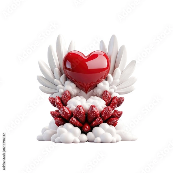 Obraz 3D Render of a Red Heart with Wings and Strawberries on Clouds