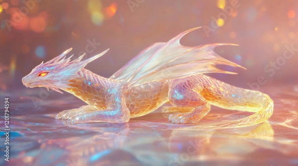 Fototapeta Holographic Dragon Resting on a Shimmering Surface With Vibrant Colors at Dusk