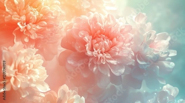Fototapeta Dreamy Soft Focus Floral Background with Pink and Peach Chrysanthemums in Gentle Sunlight