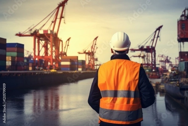 Obraz Port worker wearing high visibility vest and hard hat supervising loading and unloading operations at a busy container terminal