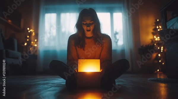Fototapeta Woman sitting cross-legged in a cozy room, surprised by the glow of an illuminated box during evening hours
