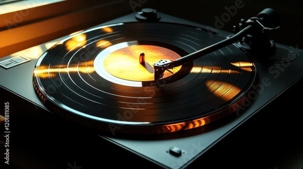 Obraz The warm glow of golden hour casts a nostalgic ambiance, as a turntable arm gracefully creates a shadow over a collection of vinyl records