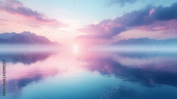 Obraz Vibrant dawn breaks over a tranquil lake, painting the sky with hues of light blue and lavender, as the sun begins its gentle ascent above majestic mountains