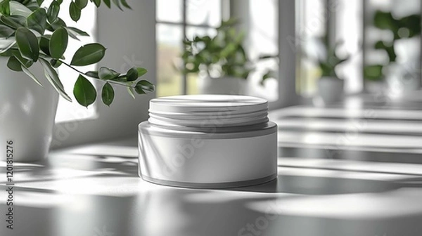 Fototapeta A minimalist skincare cream jar displayed on a windowsill surrounded by greenery, reflecting a serene beauty aesthetic. Ideal for showcasing cosmetic products.