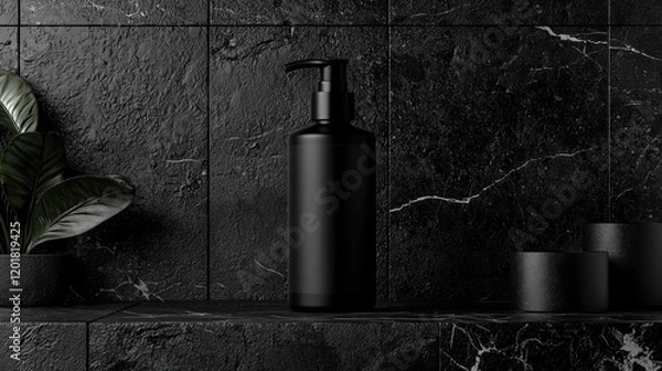 Fototapeta A sleek black skincare bottle is showcased on a dark marble shelf, complemented by plant and candle elements, creating a luxurious atmosphere.