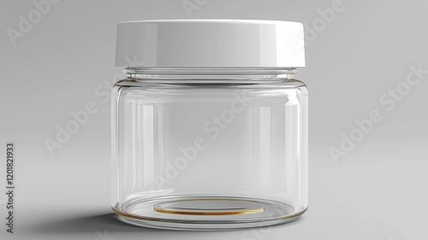Fototapeta A clear glass jar with a sleek design and a white lid, perfect for skincare products. It showcases elegance and simplicity in cosmetic packaging.
