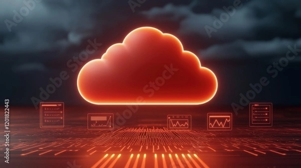 Obraz A glowing red cloud symbolizes digital storage, surrounded by data charts and graphs, representing technology and cloud computing.