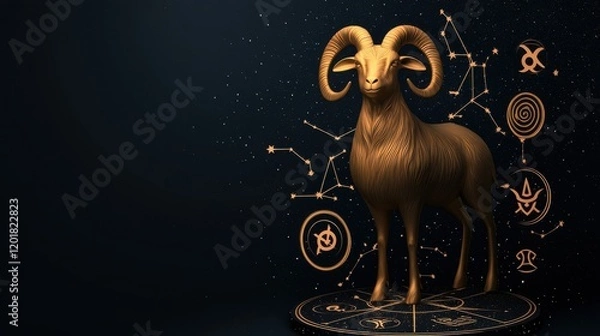Fototapeta A golden ram statue surrounded by zodiac symbols and constellations, set against a dark background, representing astrology and the Aries sign.