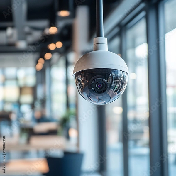Fototapeta Close up view of CCTV security camera with blurry office background generated.AI
