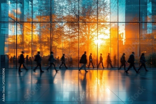 Obraz Blurred motion of business professionals in a sleek office environment