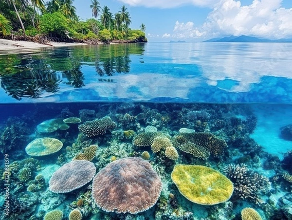 Fototapeta Split View of Tropical Beach with Underwater Coral Reef and Clear Blue Sky Horizon