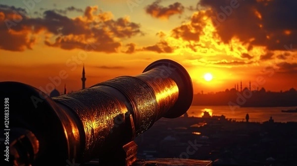 Fototapeta A view of a traditional Ramadan cannon being fired at sunset