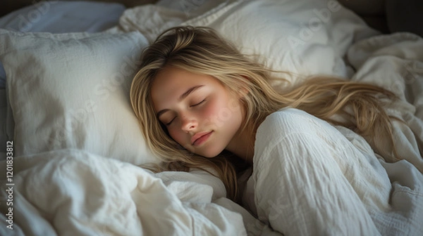 Fototapeta Young woman peacefully sleeping on a cozy bed surrounded by soft pillows and blankets, capturing a serene moment of rest and tranquility