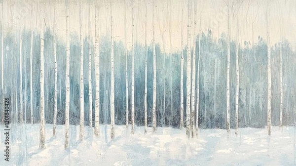 Fototapeta Serene winter birch forest landscape painting.